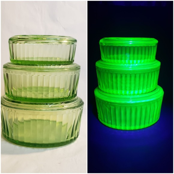 Uranium Glass Ribbed Covered Nesting Refrigerator Dishes Set of 3 - Picture 1 of 9